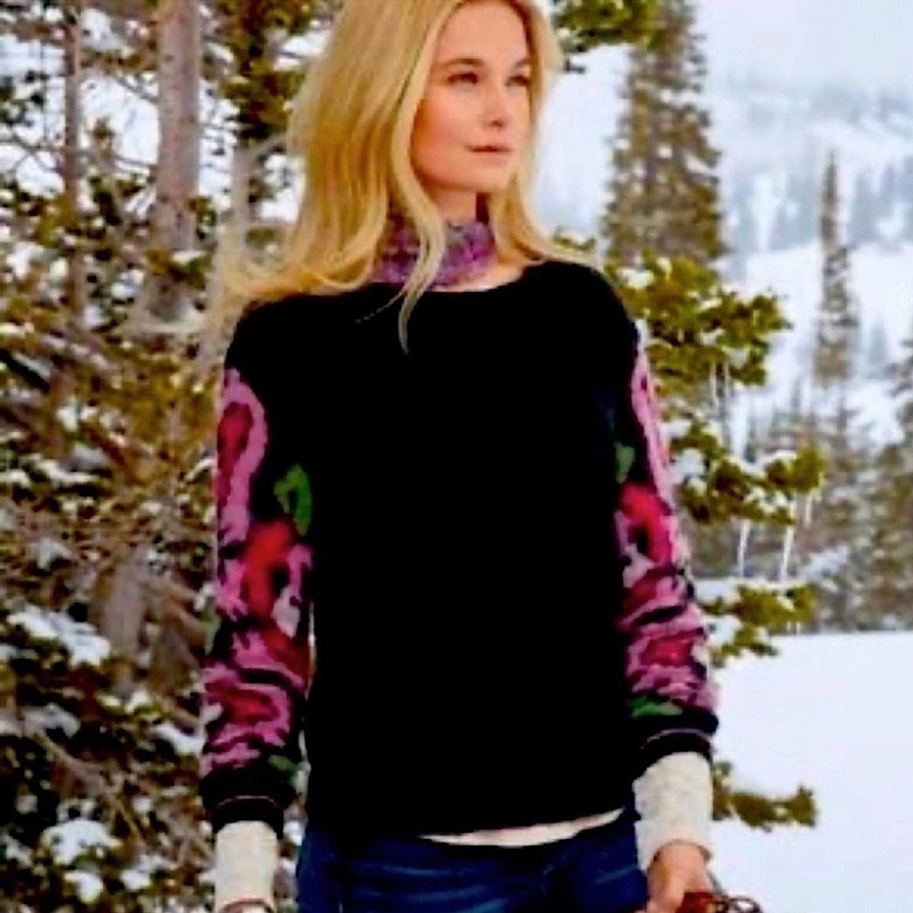 Sundance Black Crewneck Sweater with Pink & Green Floral Sleeves